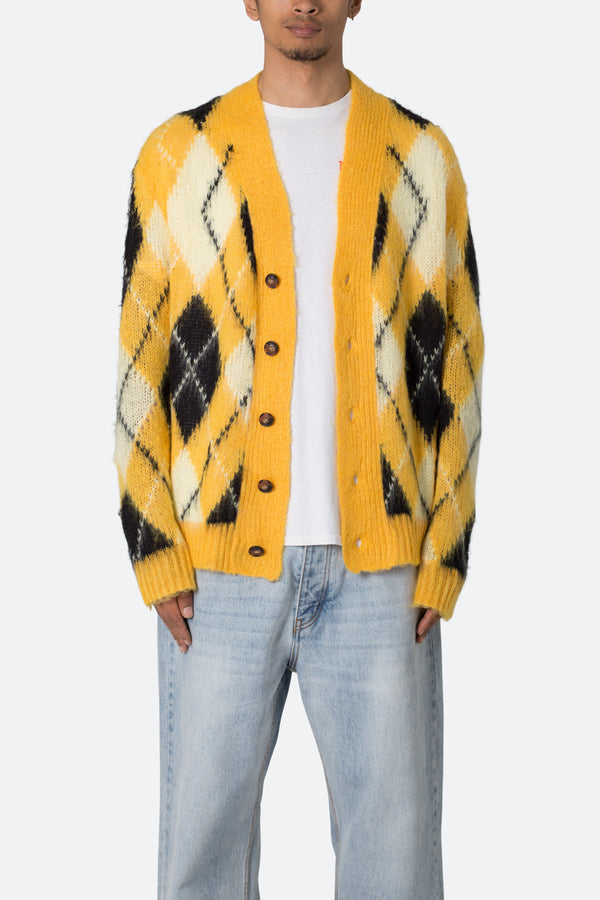 MNML Men's Argyle Cardigan Sweater - Black/Yellow